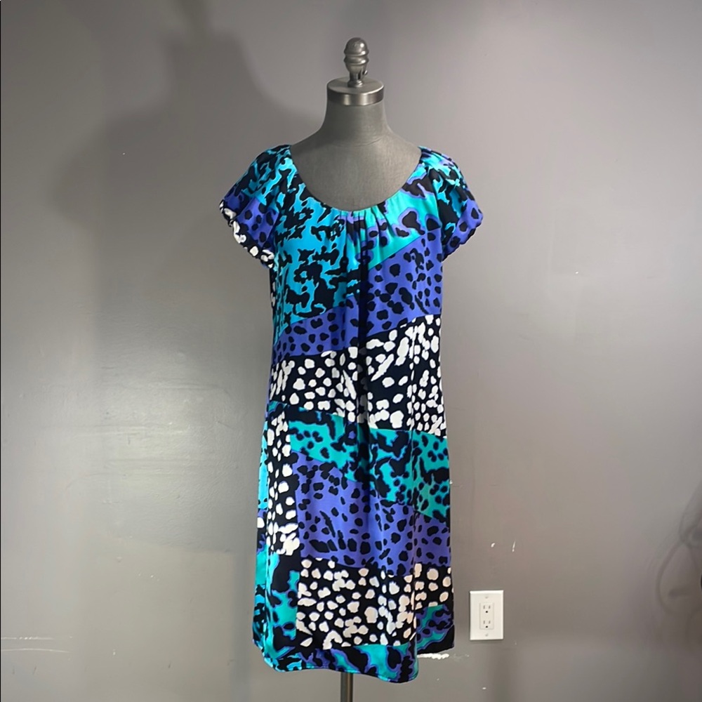 NEW 100% silk women’s Planet dress in size 10 lovely blues, black and grey cute!